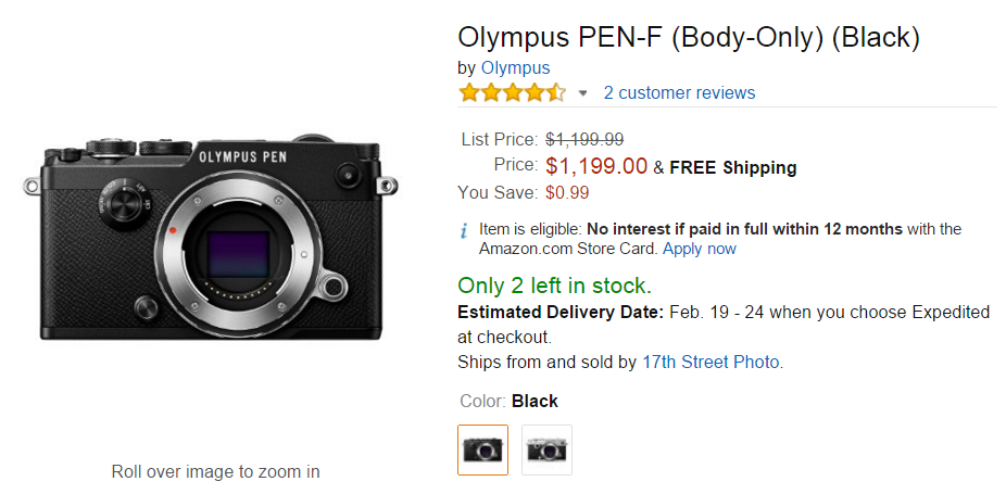 Olympus PEN-F in stock at amazon